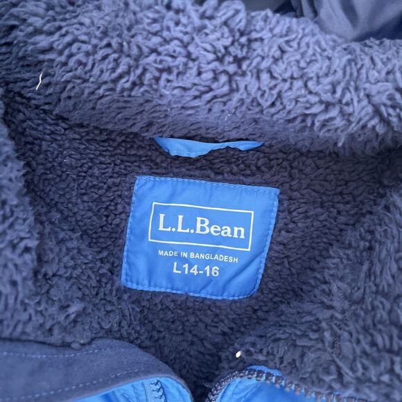 LL Bean's Down Puffer Jacket Boys Large 14-16 Blue Hooded Winter Sherpa Lined - Picture 2 of 8